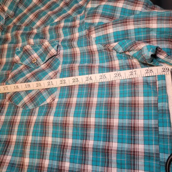 Wrangler Pearl Snap Western Turquoise White Plaid Short Sleeve Men's Shirt 2XL - Picture 5 of 5